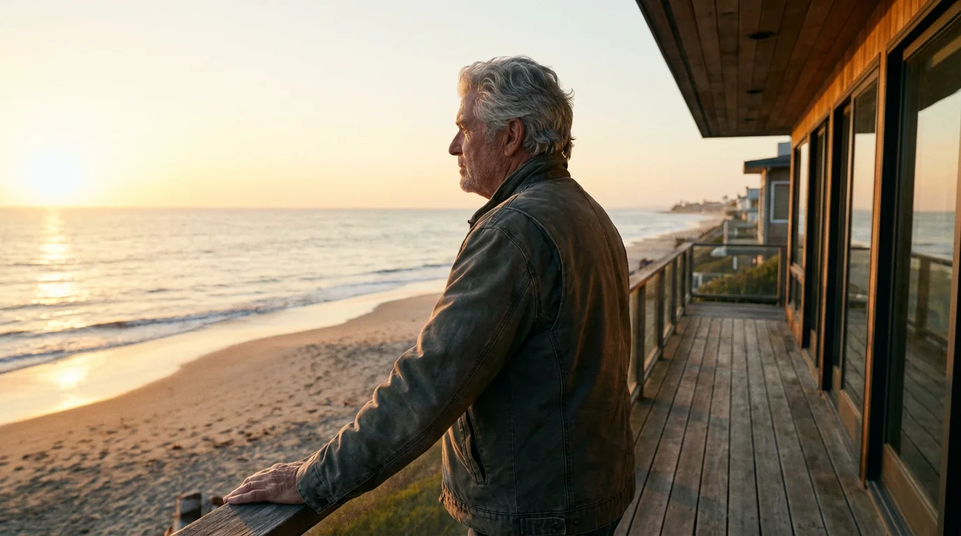 Man on a beach house deck watching a golden hour sunset over the ocean.
