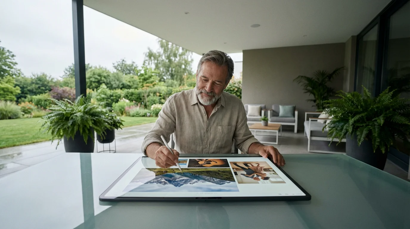 Man on a modern patio creating a digital retirement vision board on a tablet.