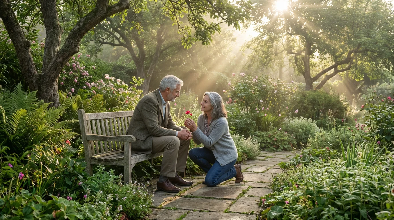 Mature couple in a peaceful garden; the woman offers her thoughtful husband a flower.