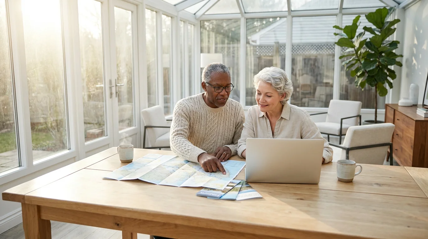 Mature couple planning retirement relocation with a map and laptop in a sunny room.
