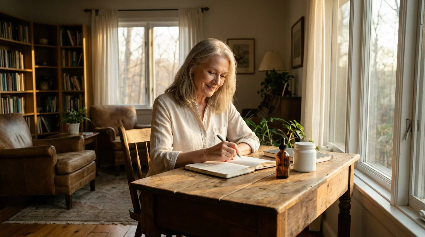 Mature woman at a desk journaling about her skincare routine during a warm golden hour.