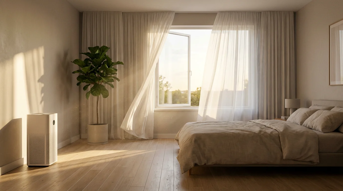 Modern bedroom with an open window, billowing curtains, and an air purifier at sunset.