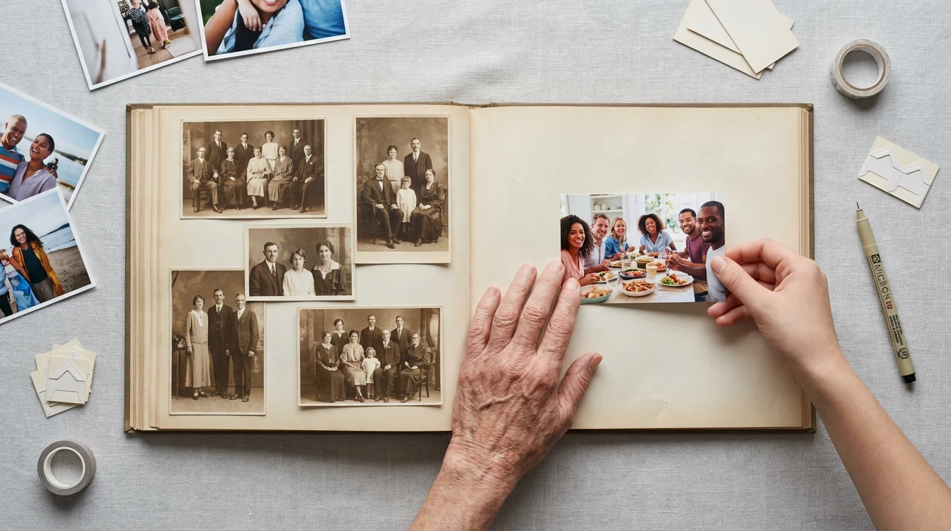 Older and younger hands place a photo in a shared community scrapbook. High angle.