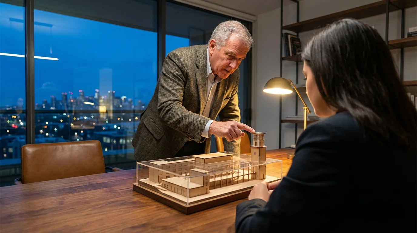 Older mentor explains an architectural model to a younger colleague during the blue hour.