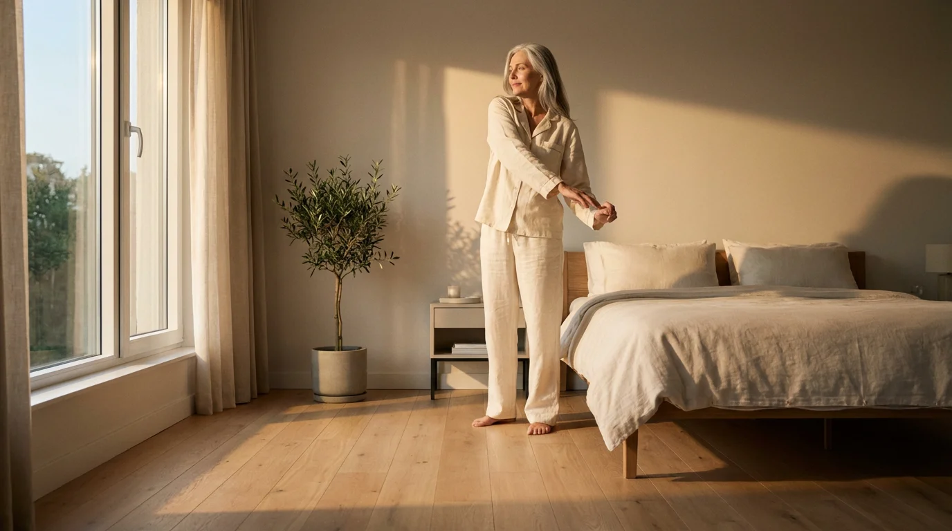 Older woman doing a gentle morning stretch in a serene, sunlit bedroom.