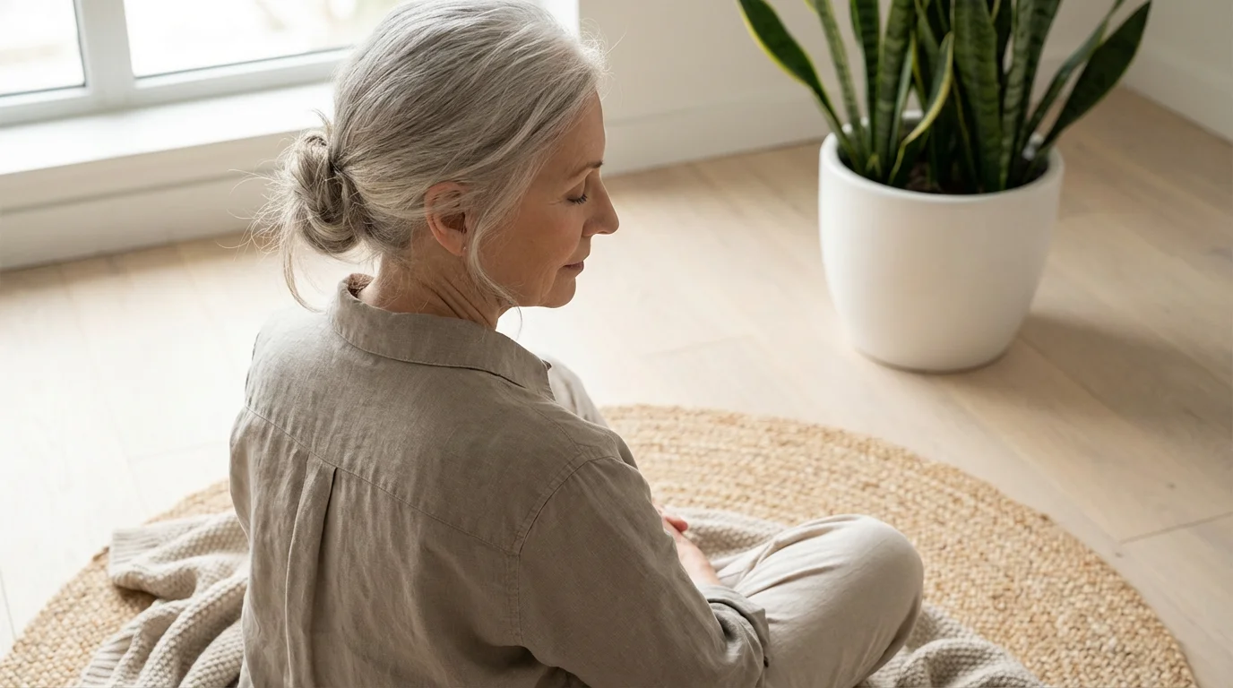 Over-the-shoulder photo of a senior woman meditating on a cushion in a brightly lit room.