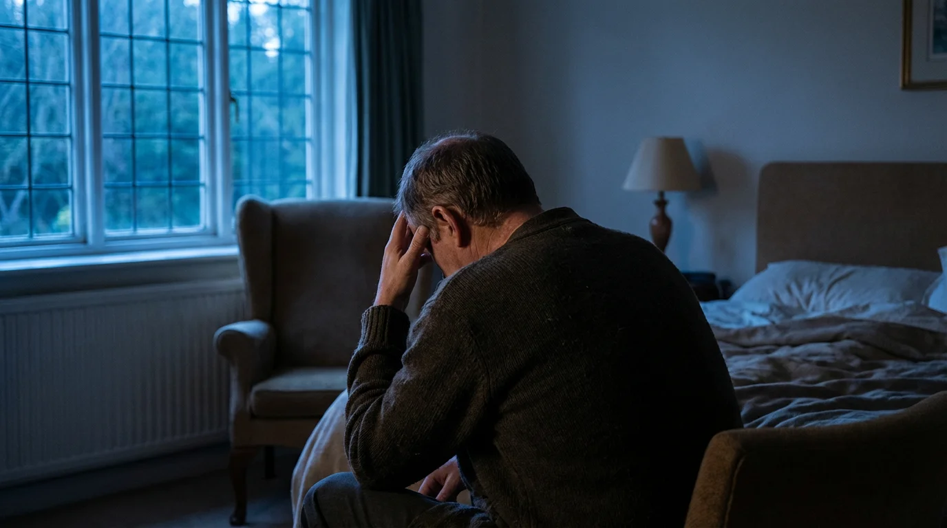 Over-the-shoulder photo of an exhausted caregiver sitting by a bed during twilight.