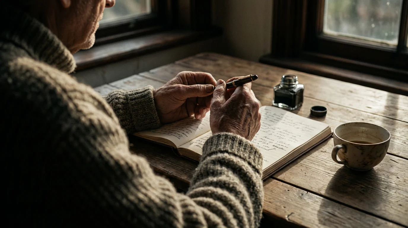 Over-the-shoulder shot of a person writing in a journal in moody afternoon light.