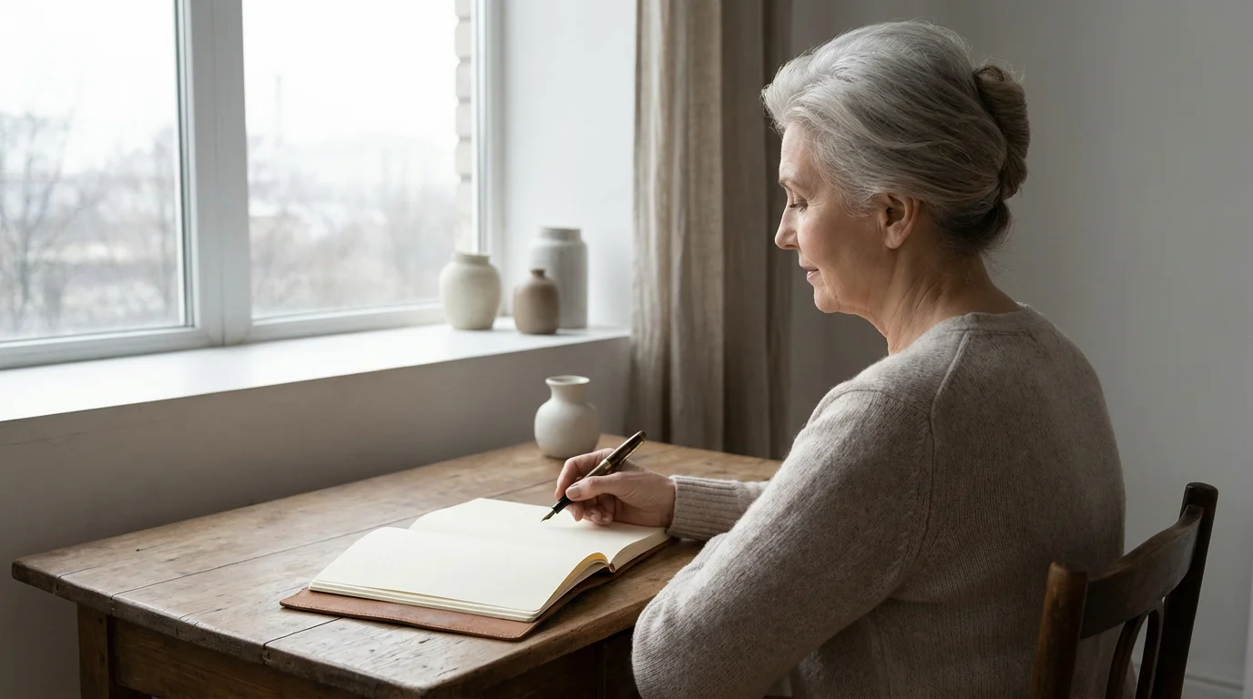 Over-the-shoulder shot of a senior woman writing in a journal by a window.