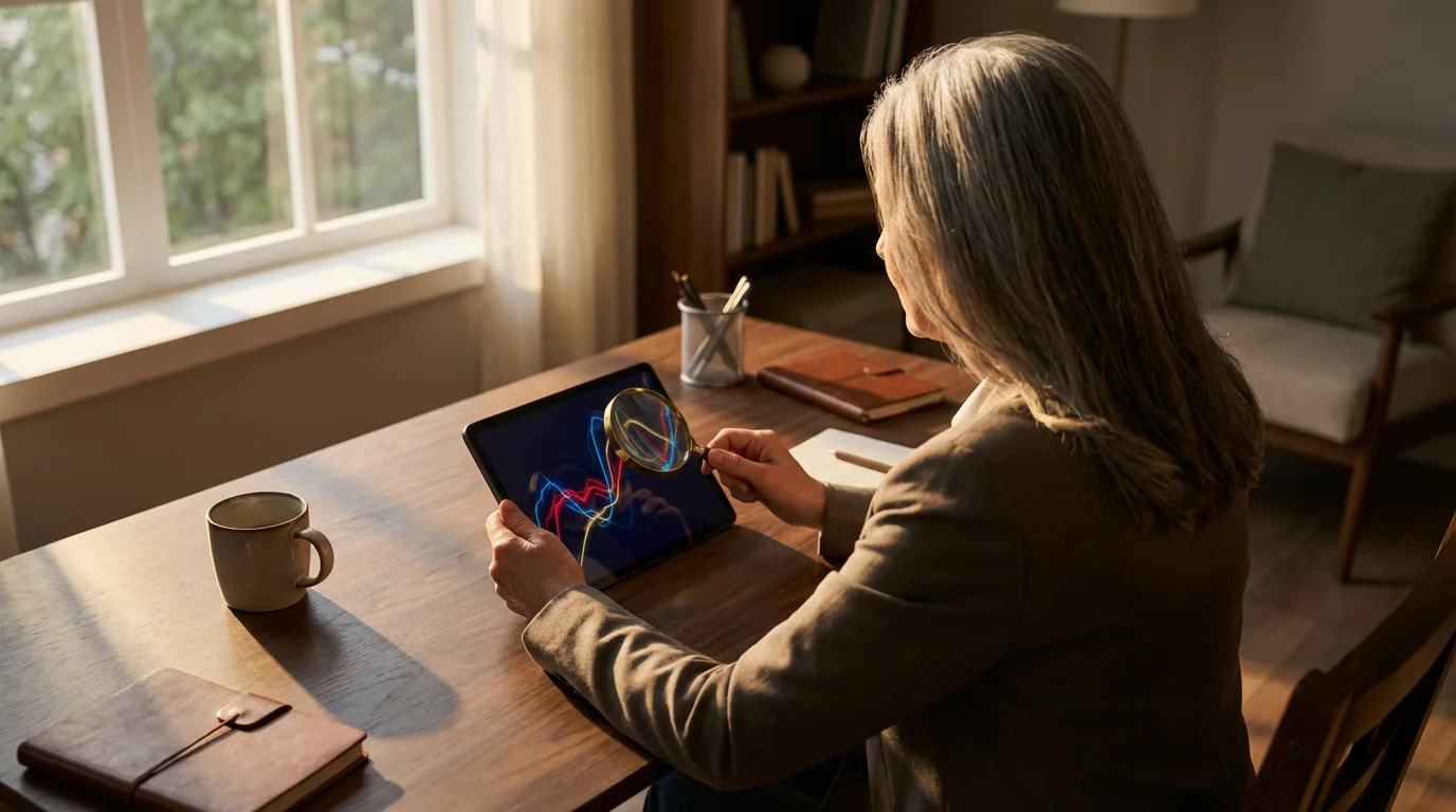 Over-the-shoulder shot of a woman carefully examining a financial chart on a tablet.