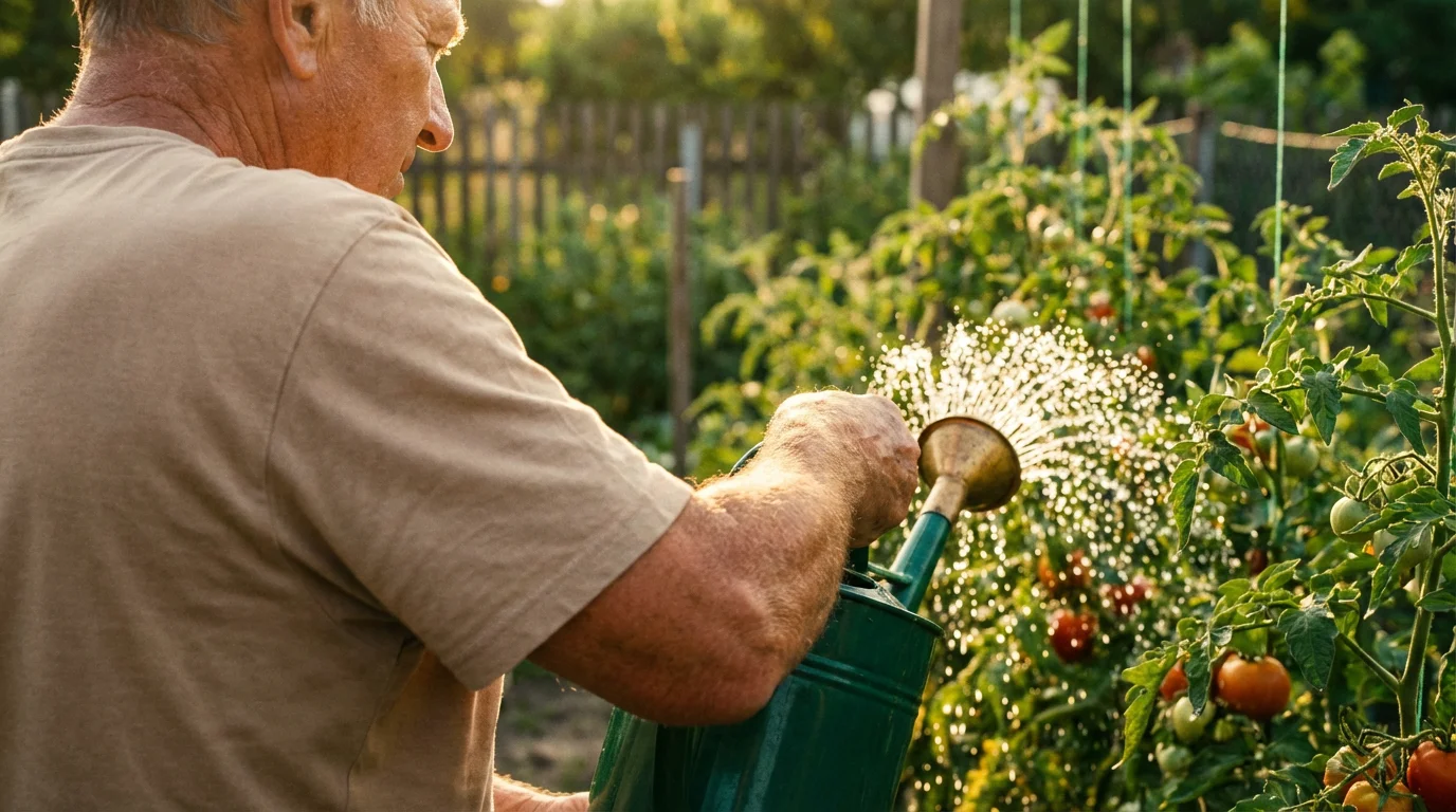 Over-the-shoulder shot of an older man watering tomato plants in his garden at sunset.