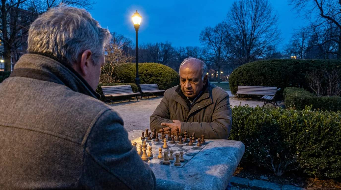 Over-the-shoulder shot of two diverse senior men playing chess in a park at dusk.