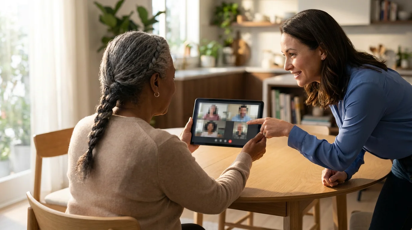 Over-the-shoulder view of a daughter teaching her senior mother how to use a tablet.