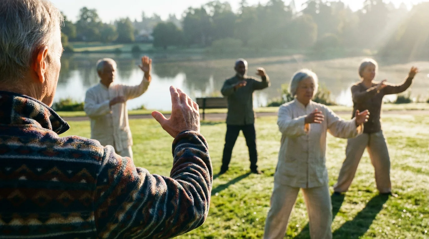 Over-the-shoulder view of a group of seniors performing Tai Chi in a park.