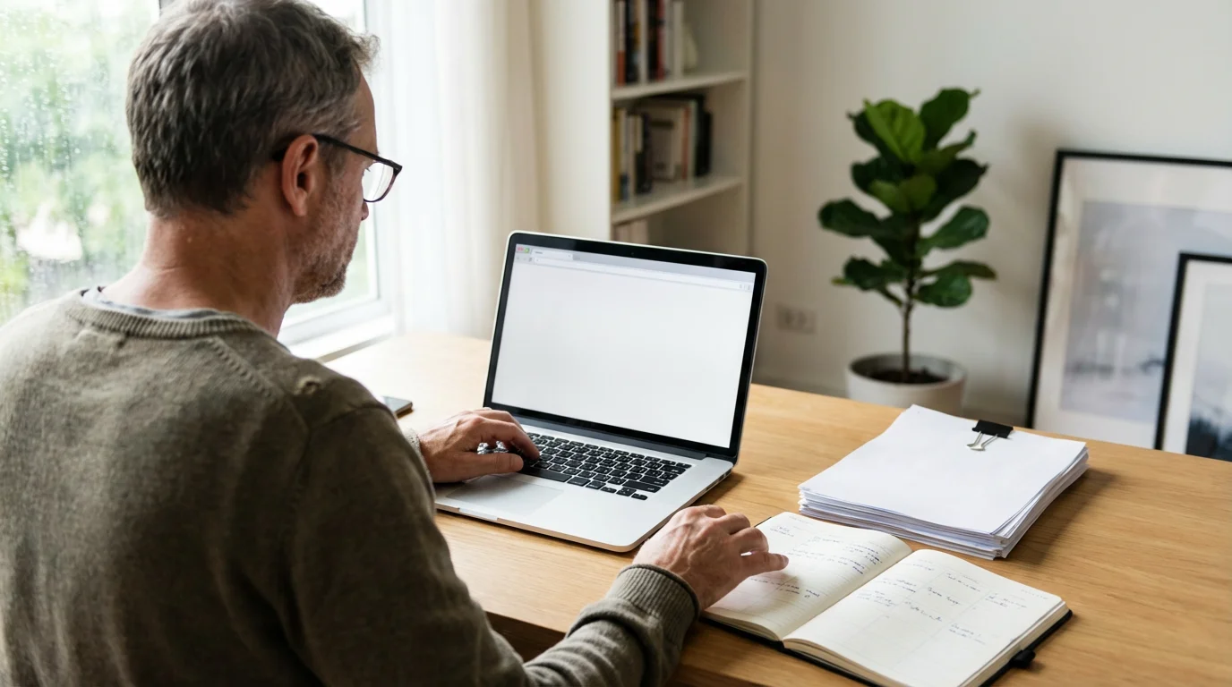 Over-the-shoulder view of a man at a desk planning caregiving tasks on a laptop.