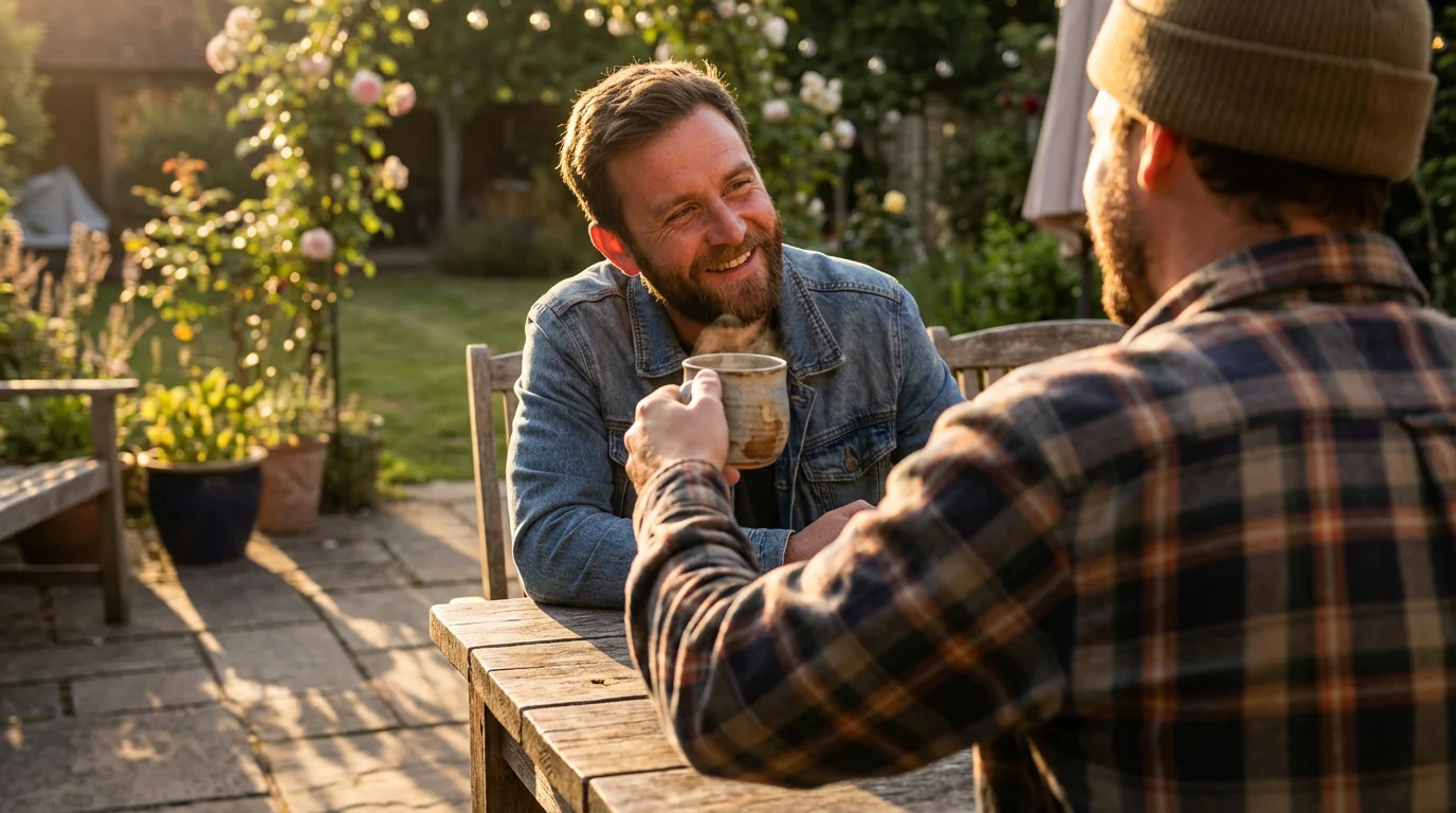 Over-the-shoulder view of a man handing a warm drink to his friend outdoors.