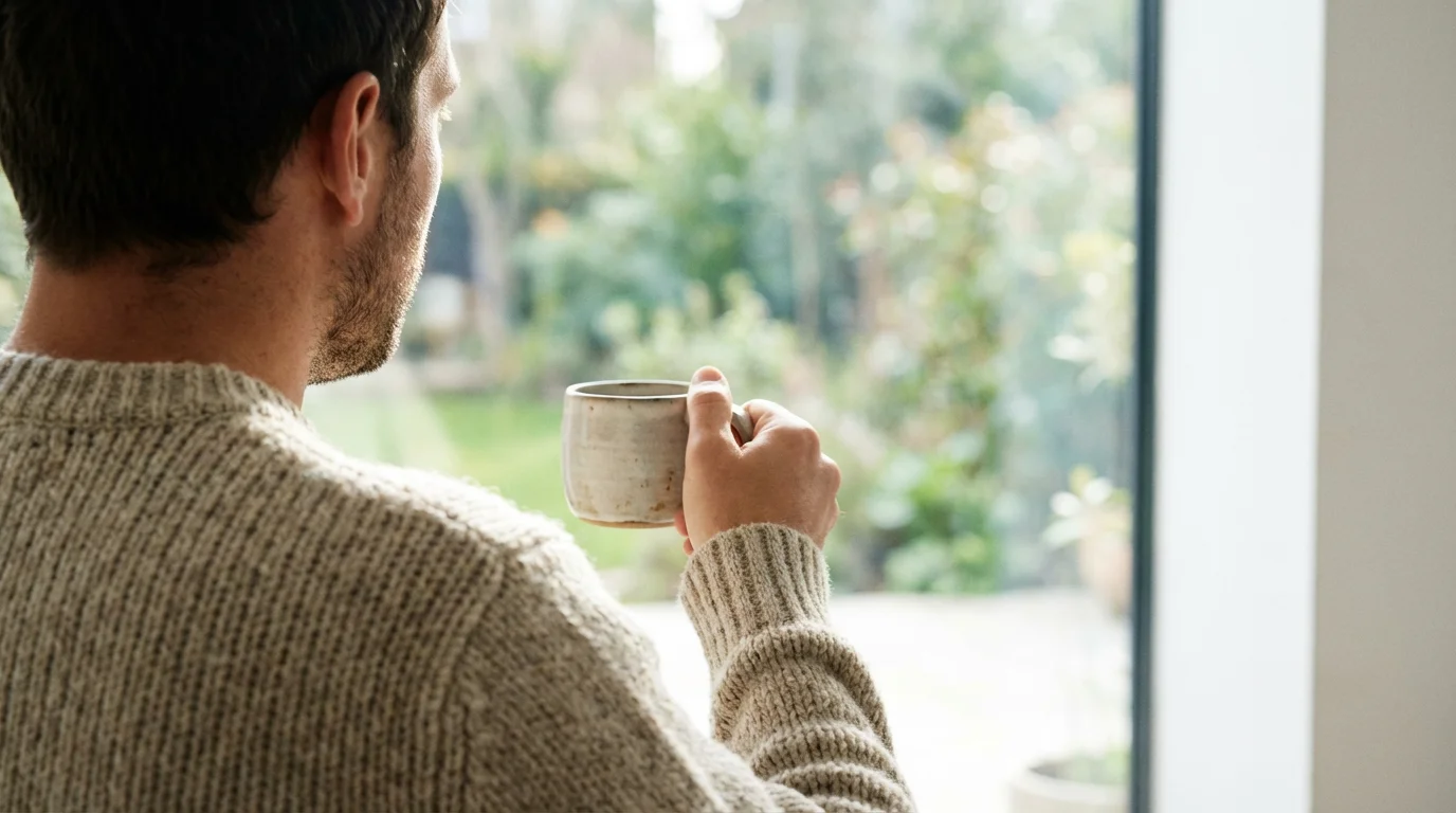 Over-the-shoulder view of a man holding a mug, looking out a window.