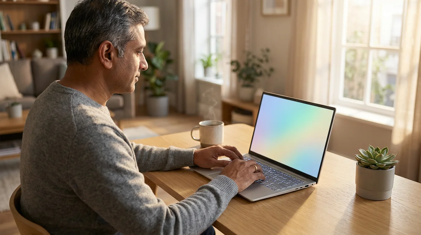 Over-the-shoulder view of a man sitting at a desk with a new laptop.