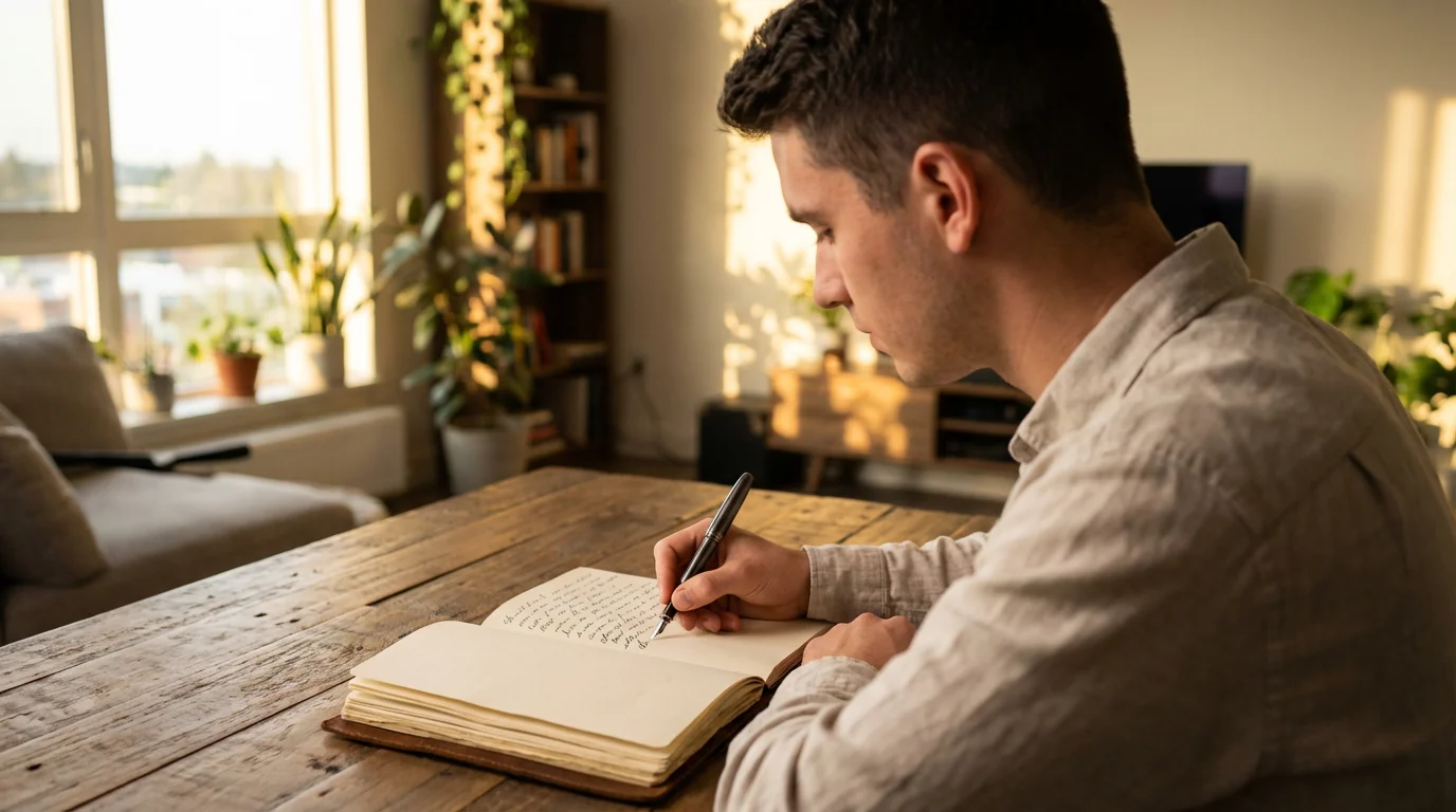 Over-the-shoulder view of a man writing in a journal during golden hour.