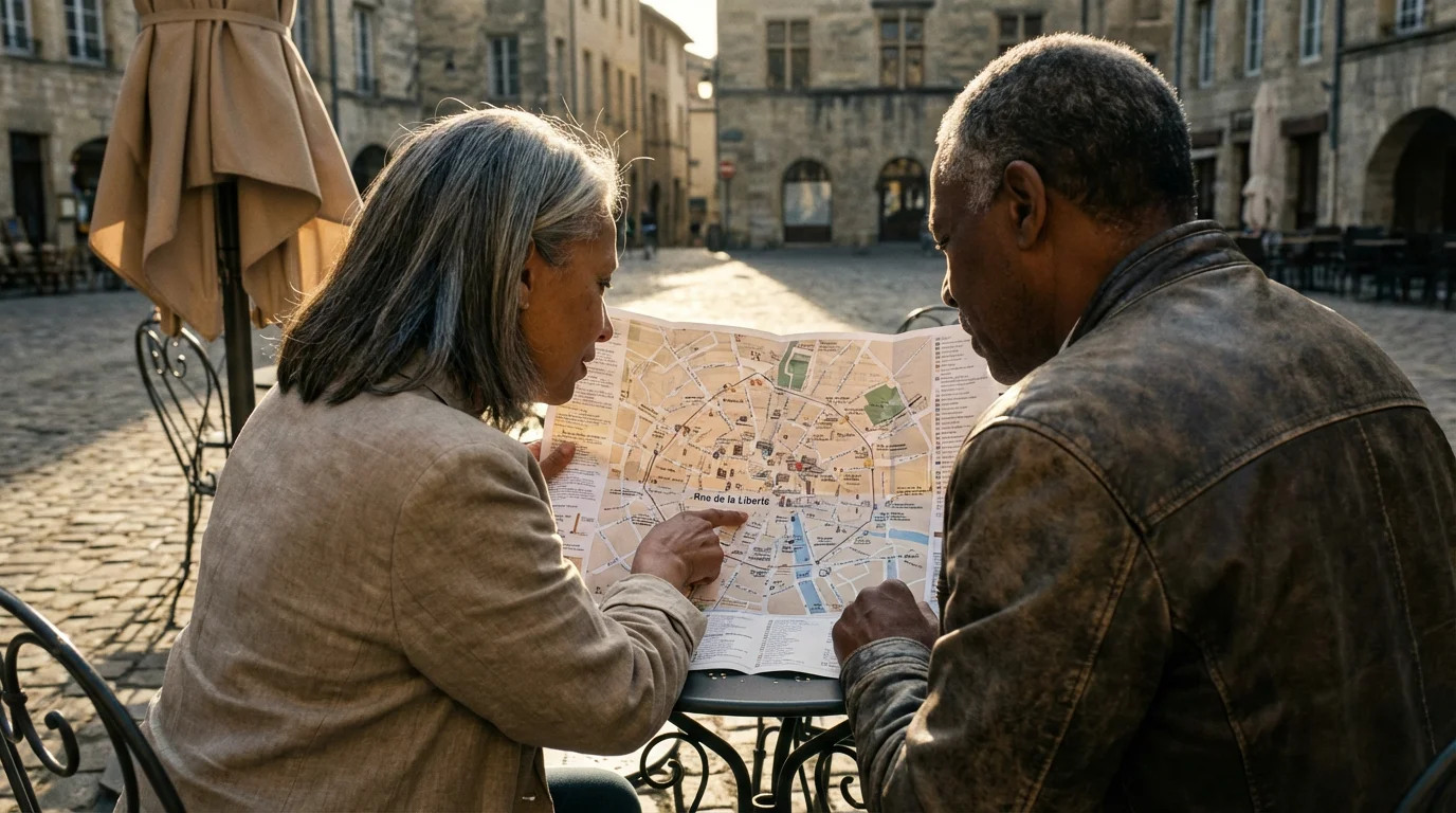 Over-the-shoulder view of a mature couple studying a city map at an outdoor cafe.
