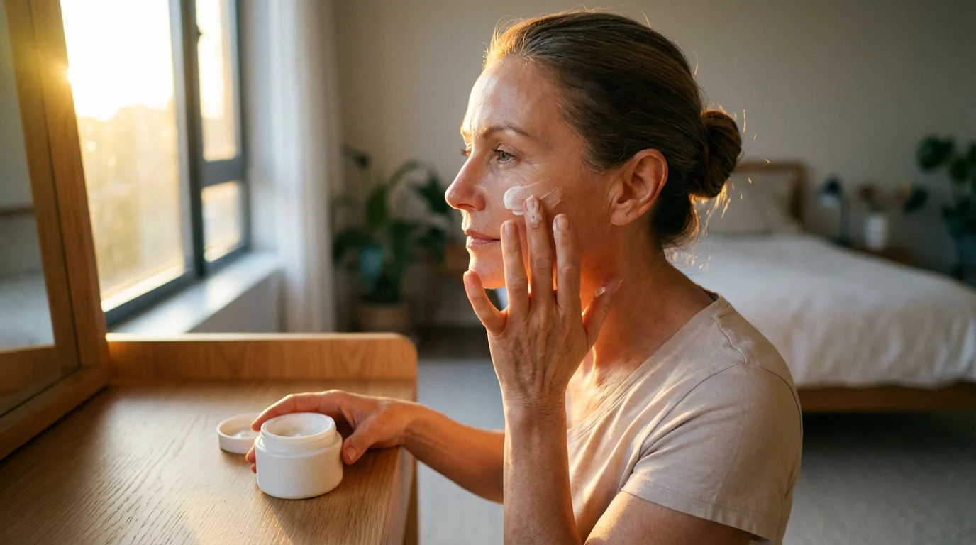 Over-the-shoulder view of a mature woman applying rich face cream in warm golden light.