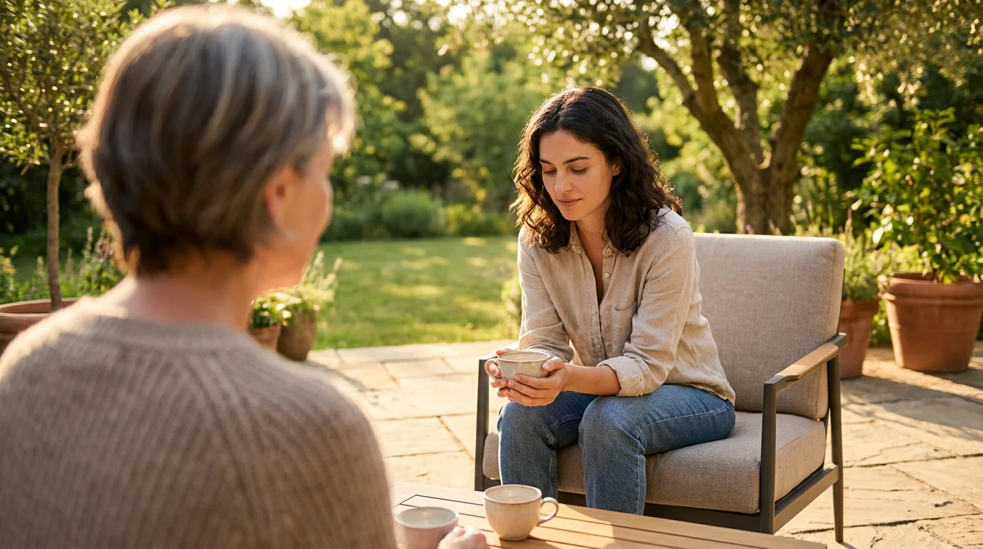 Over-the-shoulder view of a mother and daughter sitting on a patio during golden hour.