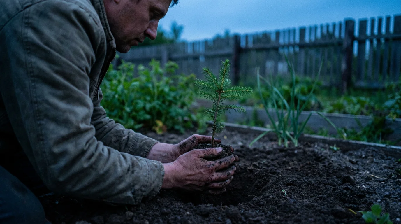 Over-the-shoulder view of a person planting a small tree sapling in a garden at dusk.