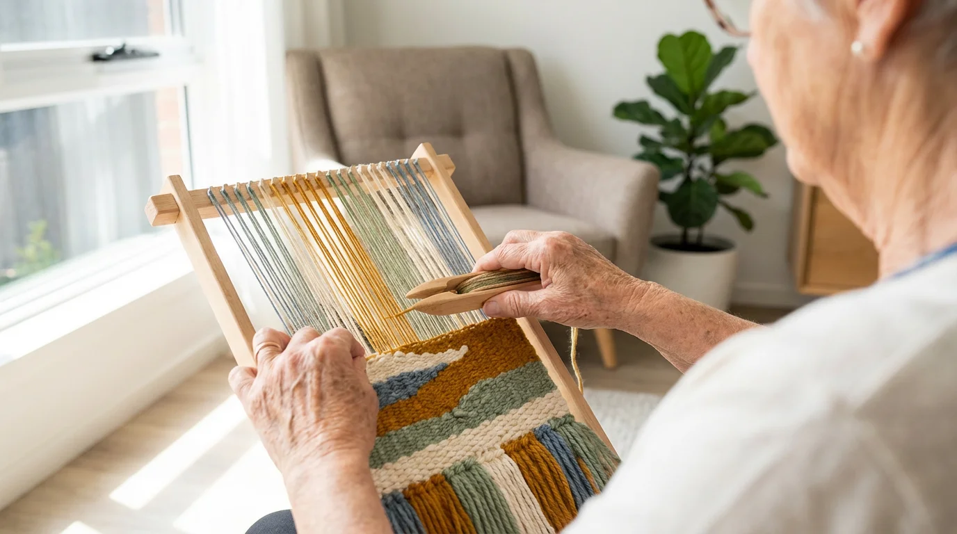 Over-the-shoulder view of a person's hands weaving a colorful tapestry on a small loom.