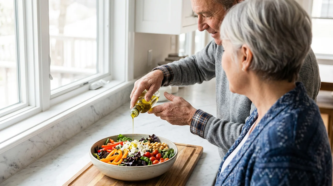 Over-the-shoulder view of a senior couple preparing a healthy, vibrant salad in a modern kitchen.