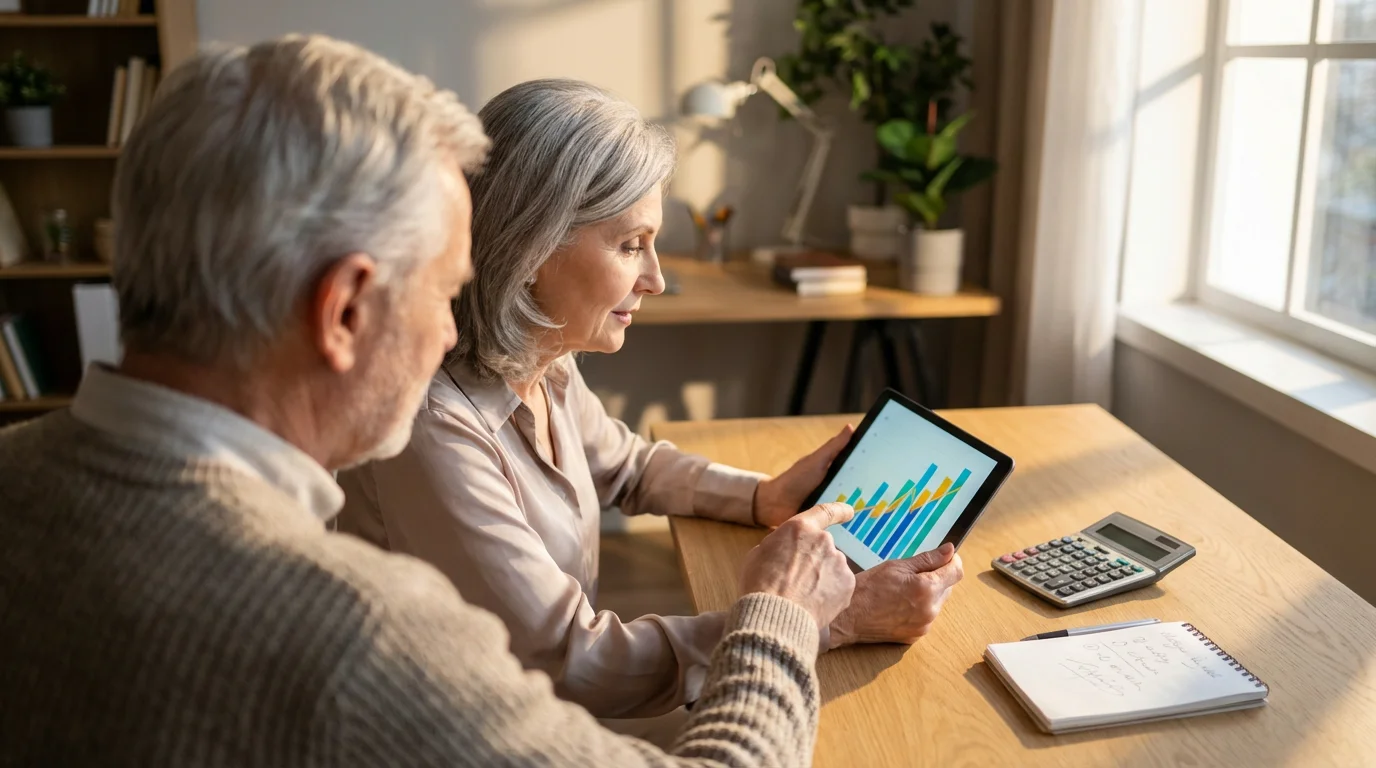 Over-the-shoulder view of a senior couple reviewing financial charts on a tablet at sunset.