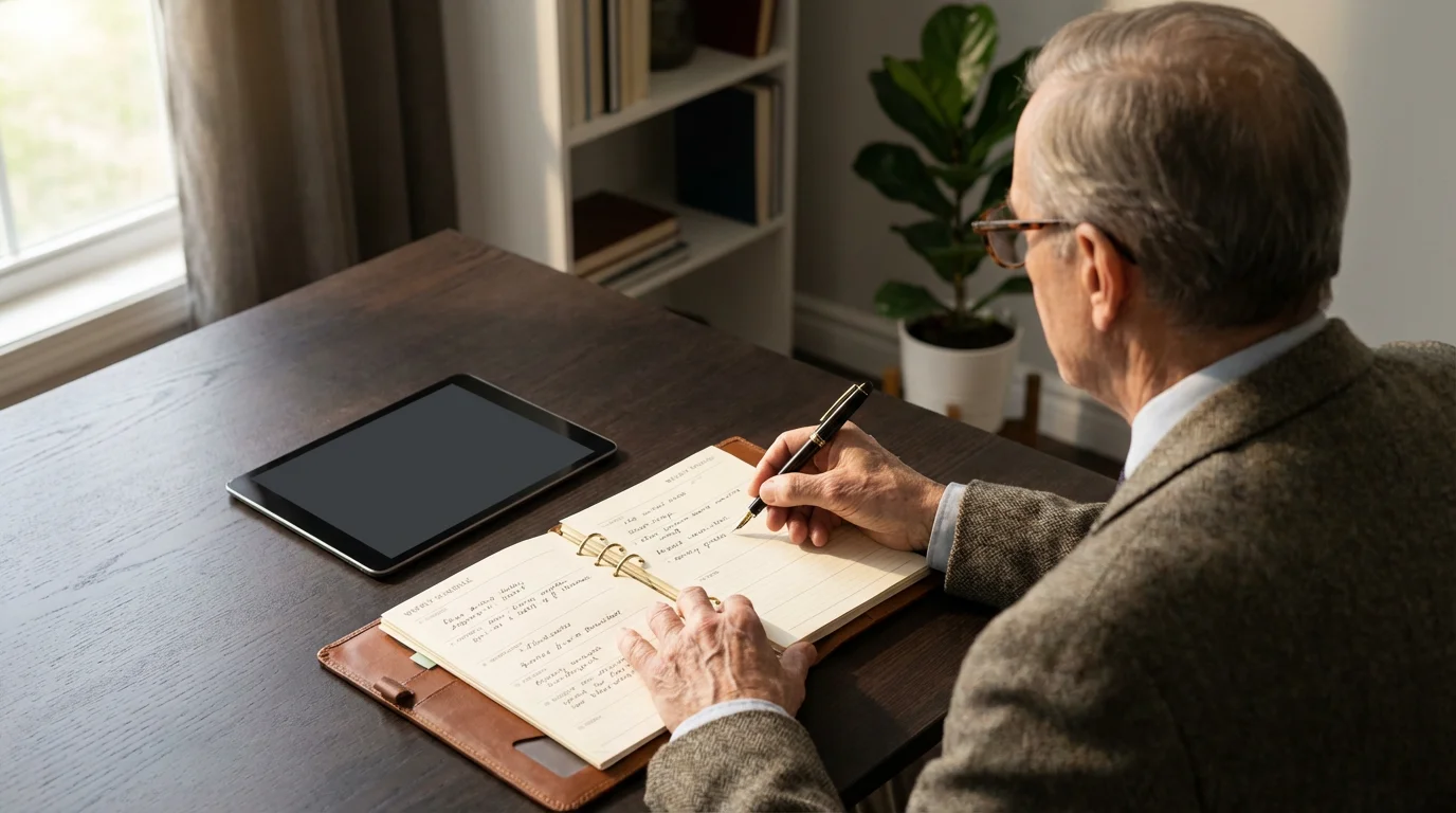 Over-the-shoulder view of a senior man at a desk writing a fitness plan.