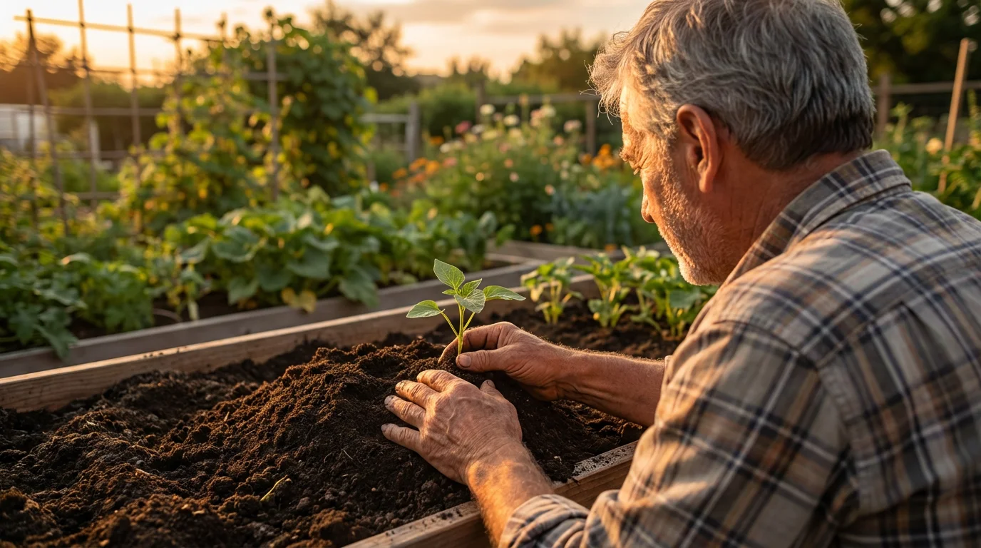 Over-the-shoulder view of a senior man gardening in his raised bed at sunset.
