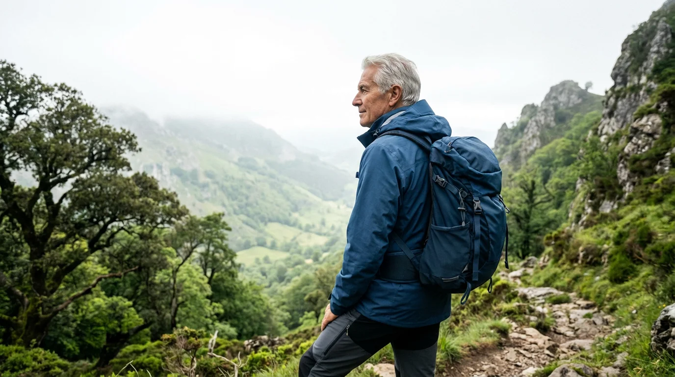Over-the-shoulder view of a senior man hiking and looking at a mountain valley.