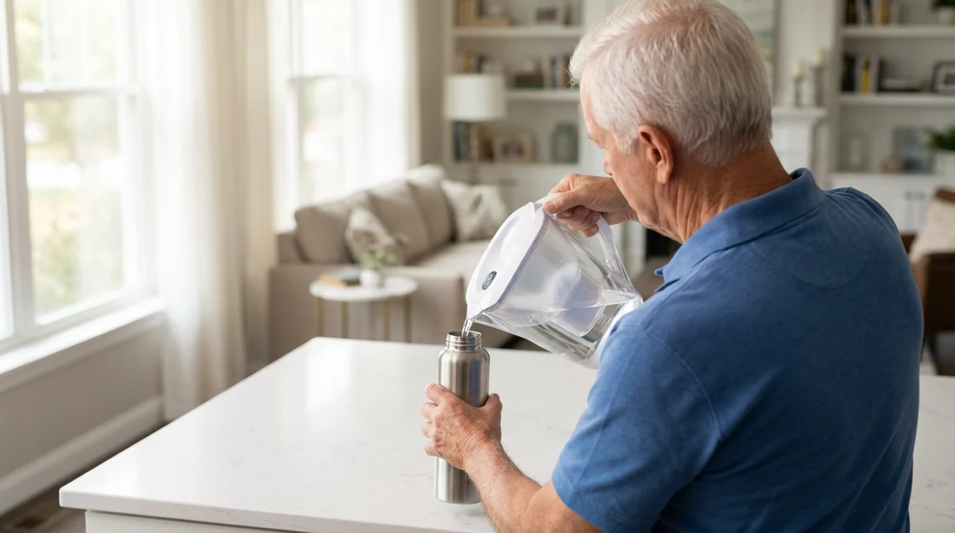 Over-the-shoulder view of a senior man in a modern kitchen refilling a reusable water bottle.