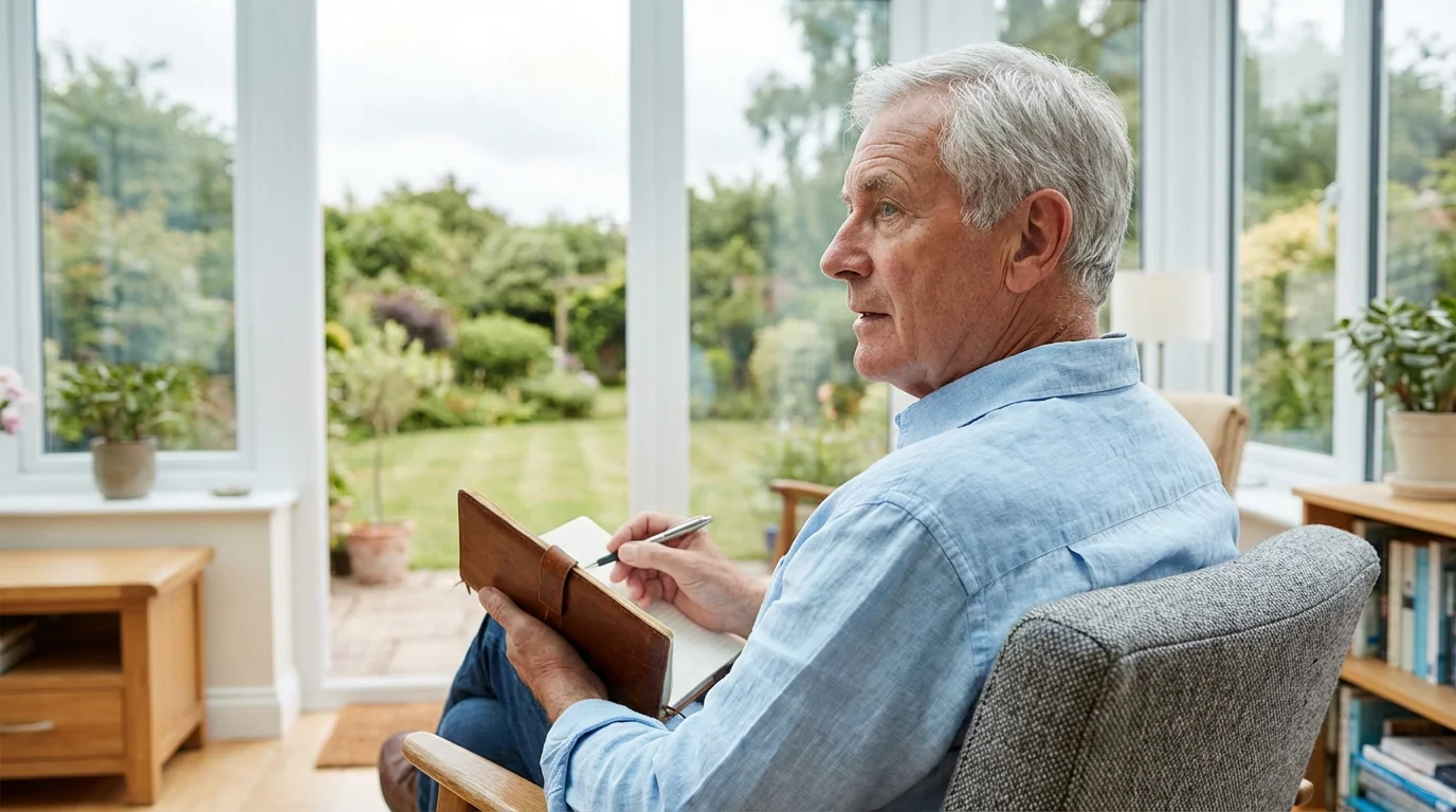 Over-the-shoulder view of a senior man in a sunroom writing in a notebook.