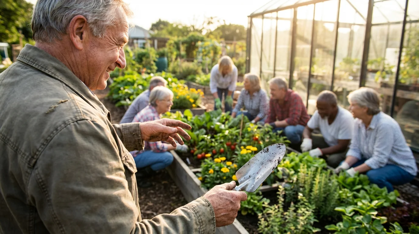 Over-the-shoulder view of a senior man joining a community gardening group with others.