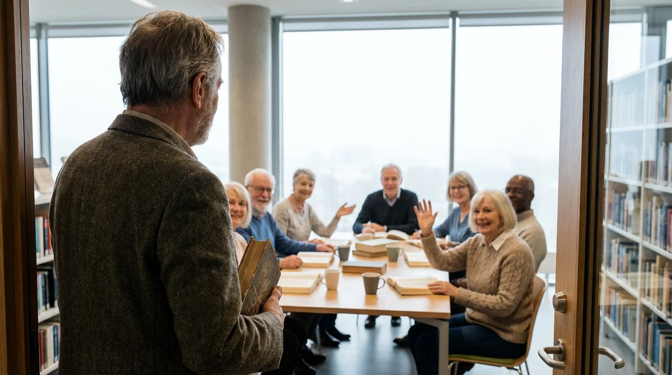 Over-the-shoulder view of a senior man nervously entering a library book club meeting.