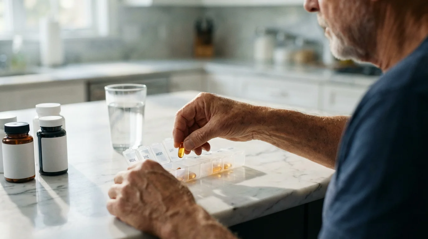Over-the-shoulder view of a senior man organizing his daily supplements into a pill container.