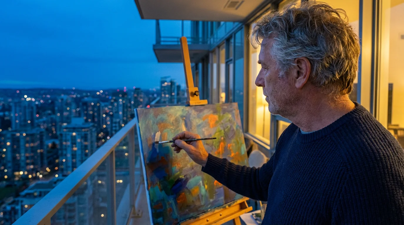 Over-the-shoulder view of a senior man painting on a city balcony at dusk.