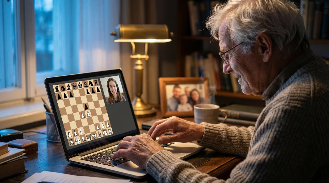 Over-the-shoulder view of a senior man playing an online chess game with his granddaughter.