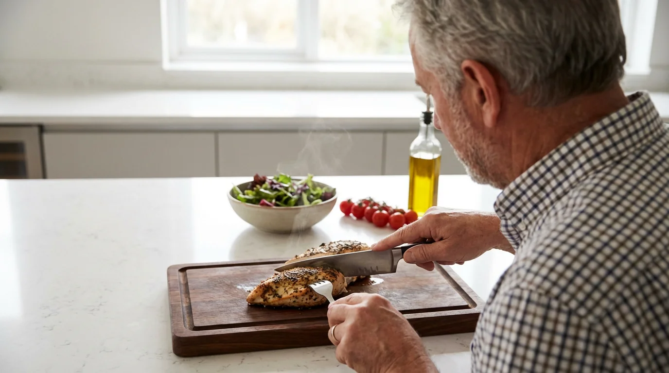 Over-the-shoulder view of a senior man slicing grilled chicken breast for a healthy meal.