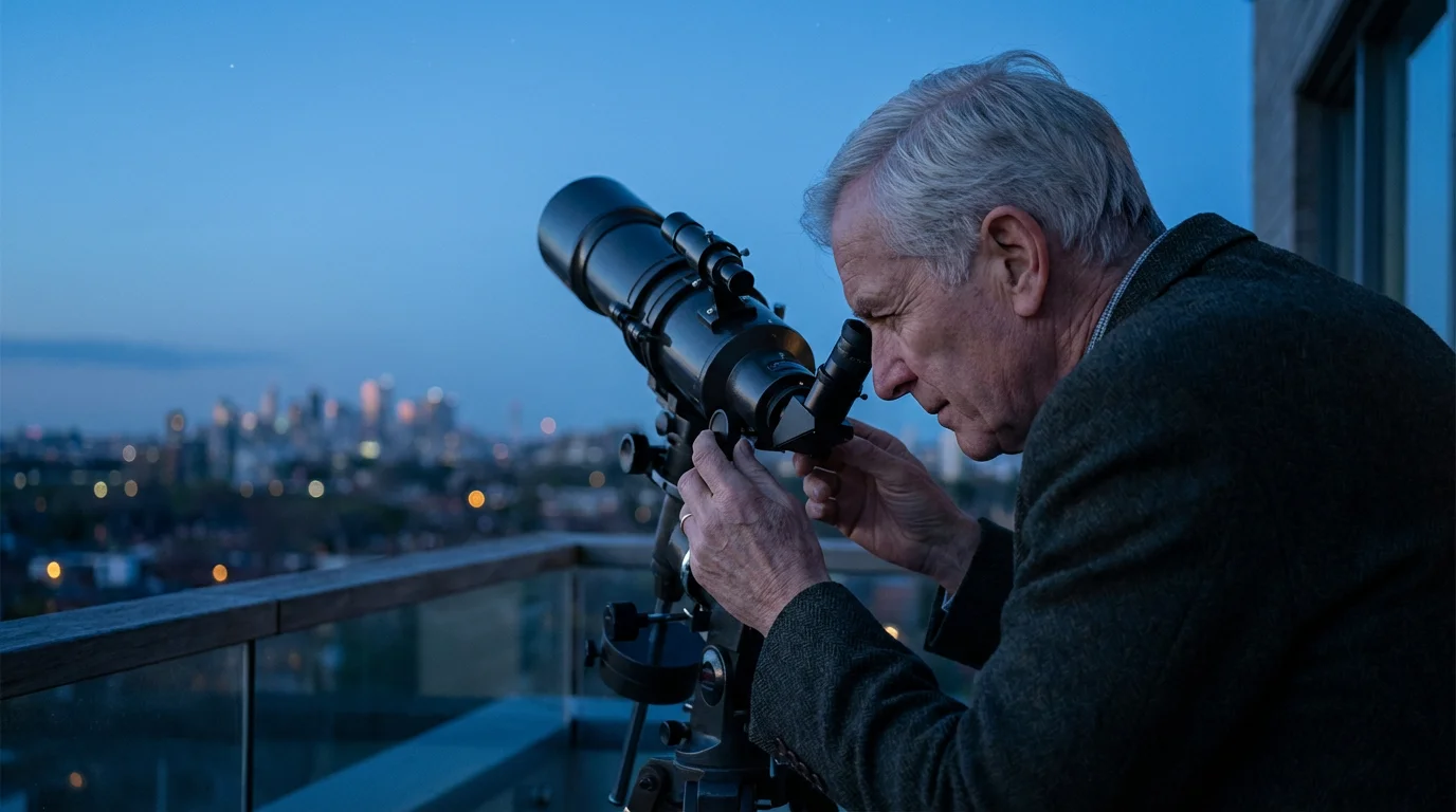 Over-the-shoulder view of a senior man using a telescope on a balcony at dusk.