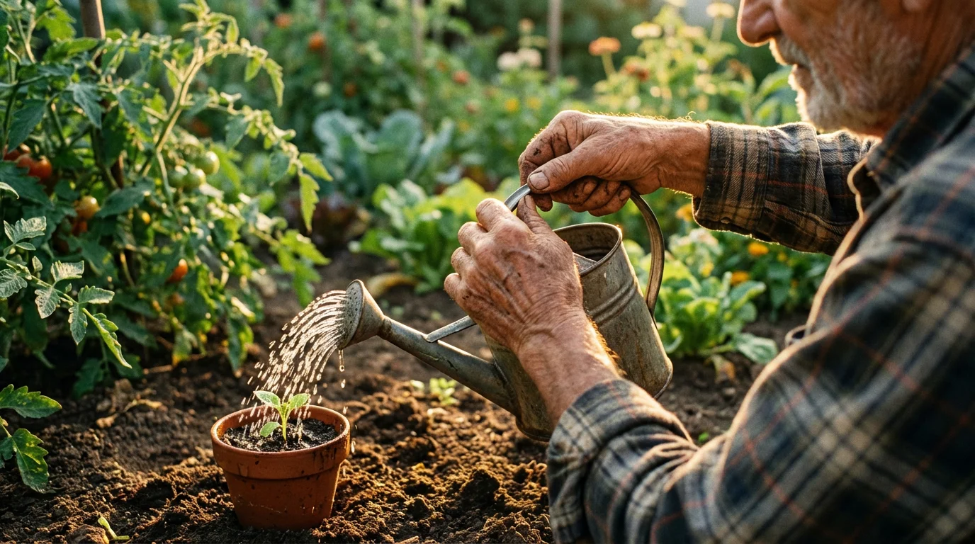Over-the-shoulder view of a senior man watering a small plant in his garden.