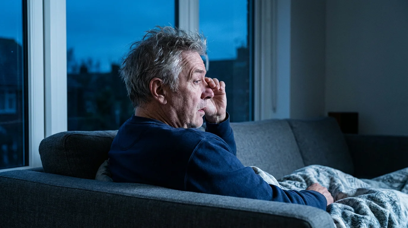 Over-the-shoulder view of a senior man waking from a nap on a sofa at dusk.