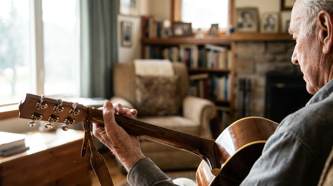 Over-the-shoulder view of a senior man's hands playing an acoustic guitar indoors.