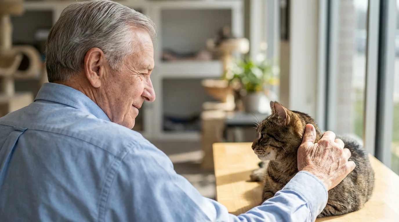 Over-the-shoulder view of a senior volunteer gently petting a cat in an animal shelter.