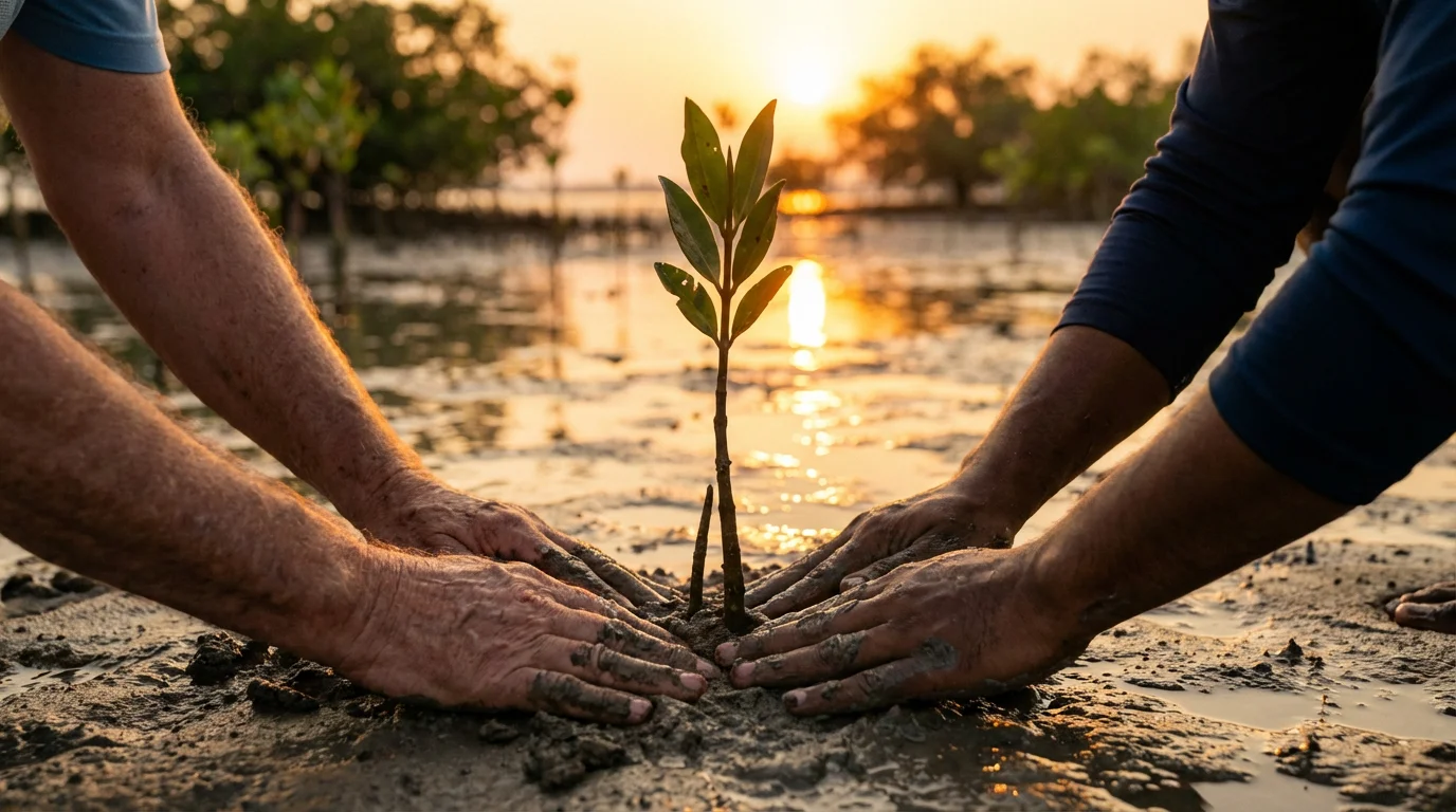 Over-the-shoulder view of a senior volunteer planting a mangrove sapling during a warm sunset.