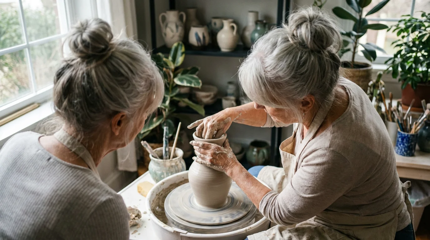 Over-the-shoulder view of a senior woman doing pottery in a sunlit art studio.