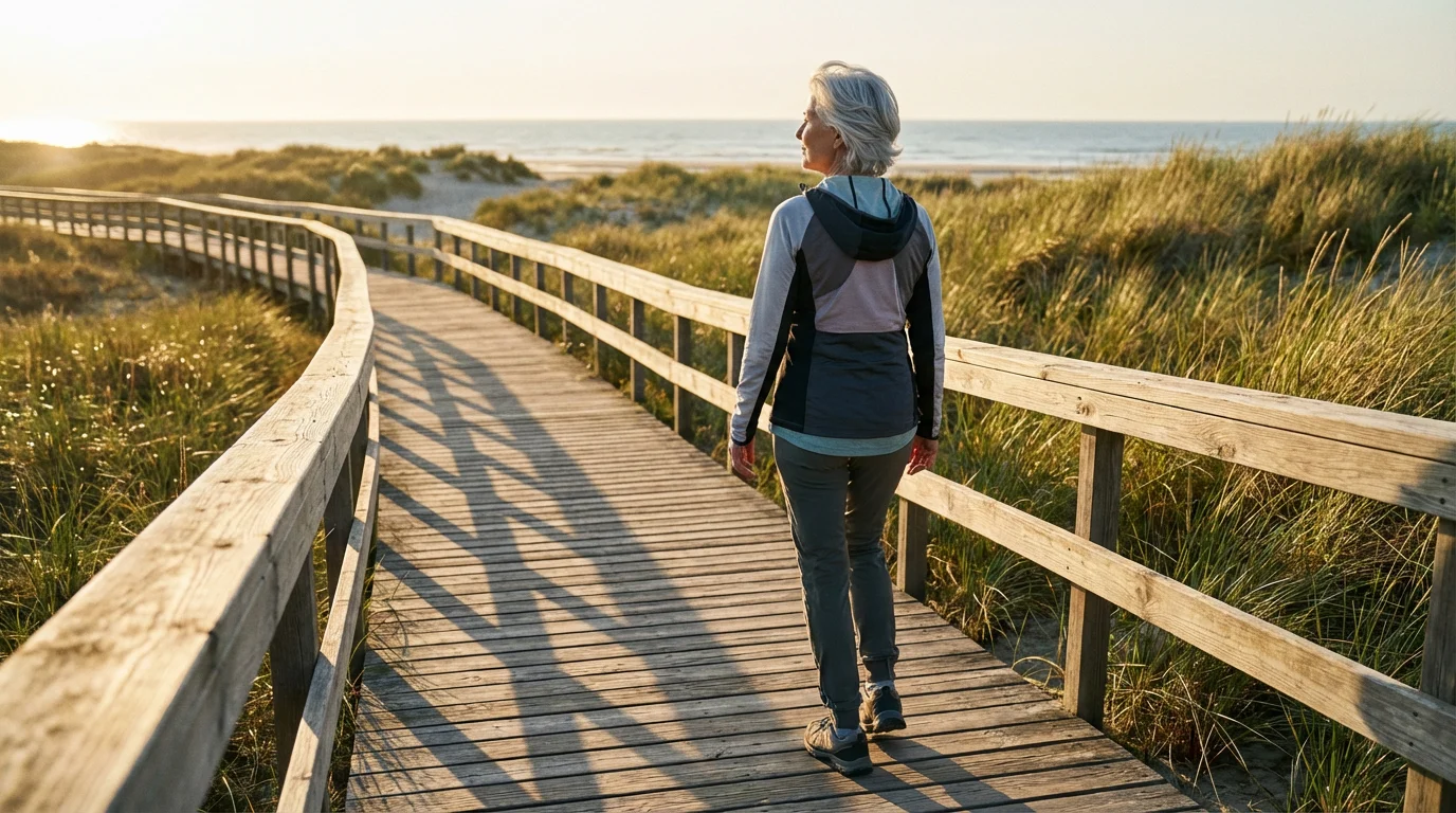 Over-the-shoulder view of a senior woman walking on a coastal boardwalk at sunset.