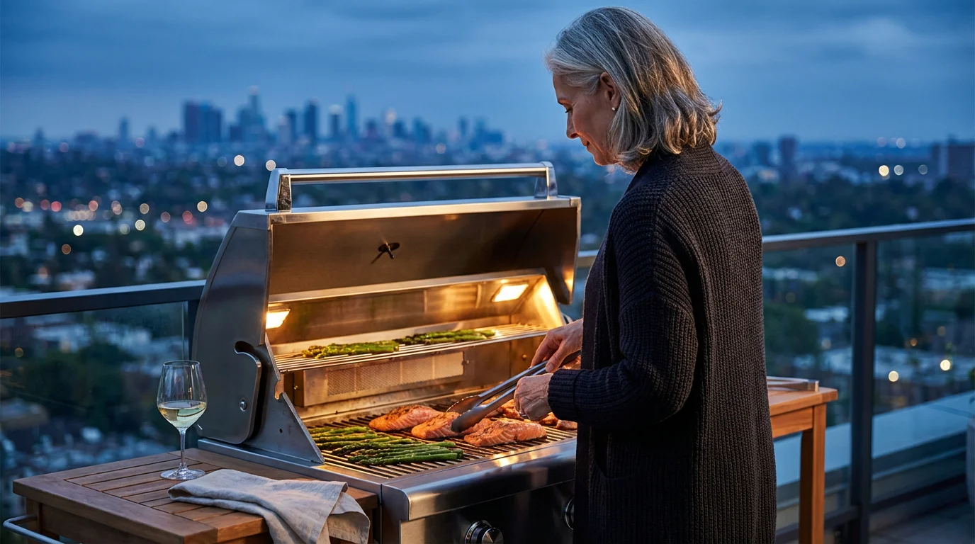 Over-the-shoulder view of a senior woman grilling salmon and vegetables on a balcony at dusk.